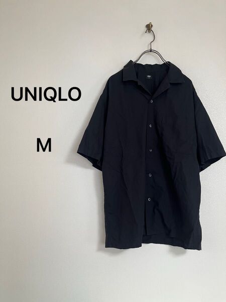 【美品】UNIQLO/オープンカラーシャツ メンズ 半袖 ブラック M