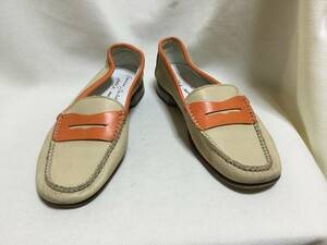 C6768* Italy made *37 size orange & beige coin Loafer pumps *