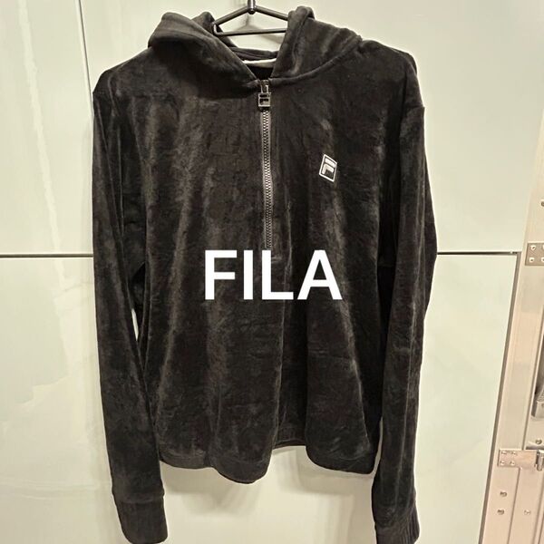 FILA ハーフジップ ベロア パーカー レディース M ブラック 黒