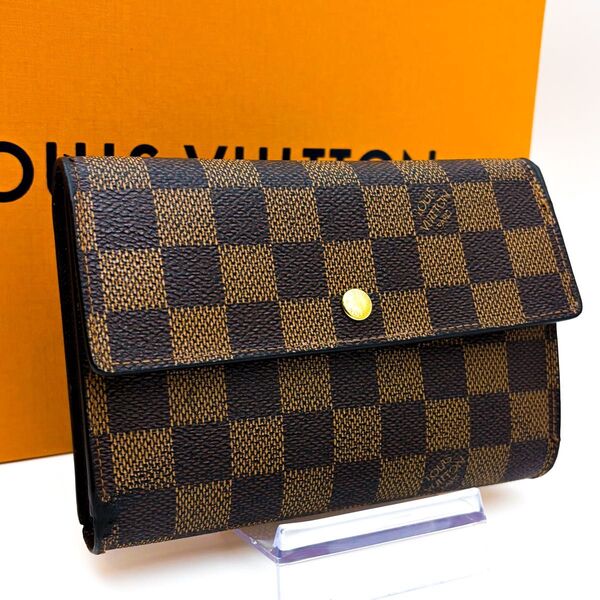 【美品】ルイヴィトン LOUIS VUITTON ダミエ ポルト トレゾール エテュイ パピエ 三つ折り財布 ゴールド金具