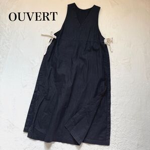 OUVERT ウーヴェルリネン100% スリットワンピースエプロンドレス ロング スミクロ 日本製 フリーサイズ
