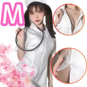 パーティー コスプレ エロかわ ミニスカート ナース服 ハートポケット ピンク聴診器 М