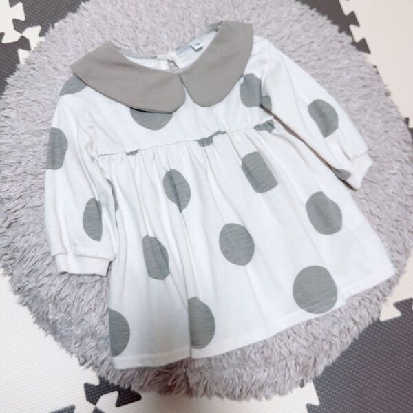 ベビー服☆襟付きドット柄ワンピース80サイズ グレージュ キッズ 長袖ワンピース 女の子 ベビー 長袖