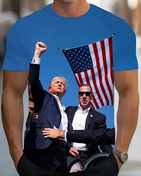 送料無料!Tシャツ【トランプ元大統領暗殺狙撃プリント青色2】欧米L(日本LLサイズ)シャツメンズレディース・おしゃれ・おもしろ