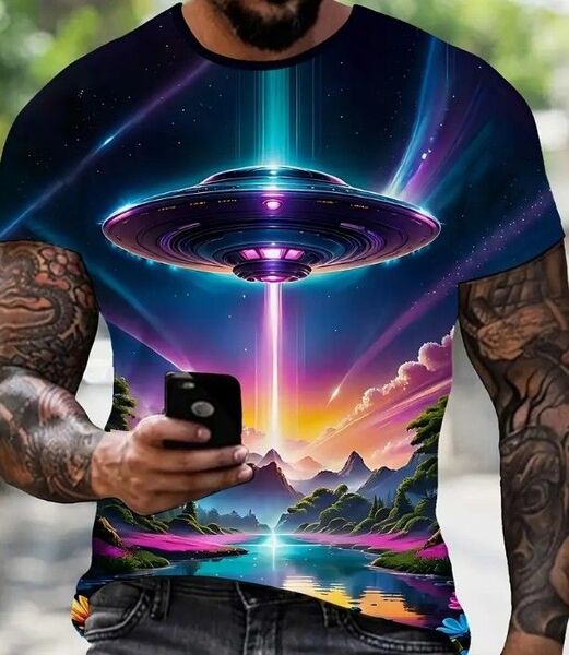 送料無料!【地球の湖を調査するUFO】Tシャツ海外Mサイズ(日本L)おしゃれ・ティーシャツ・宇宙人・ufoイラスト