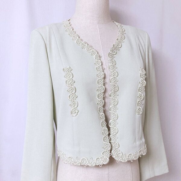 【ROSE MARY ROSE】ノーカラージャケット 上品 レース装飾 レトロ 羽織り グリーン 9A3