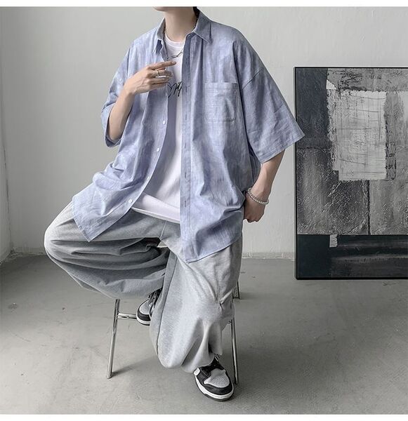ブルーシャツ 柄シャツ シンプル 爽やか メンズ オーバーサイズ