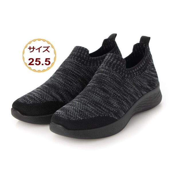 フライニットスニーカー ウォーキング スポーツ スリッポン 上履き 通気性 男女兼用 ブラック 22535-blk-255