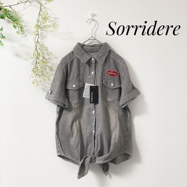 【未使用 タグ付】Sorridere ストライプ シャツ ロゴ アメカジ リボン シャツ 半袖 半袖シャツ トップス ストライプ