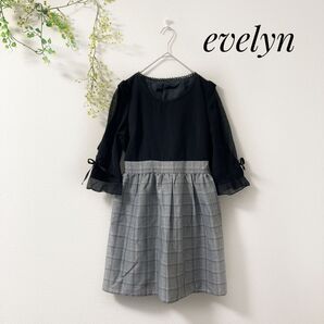 evelyn エブリン 切替 ワンピース チェック 腕シアー リボン ロリータ ロリィタ 姫 膝上丈 ガーリー フェミニン