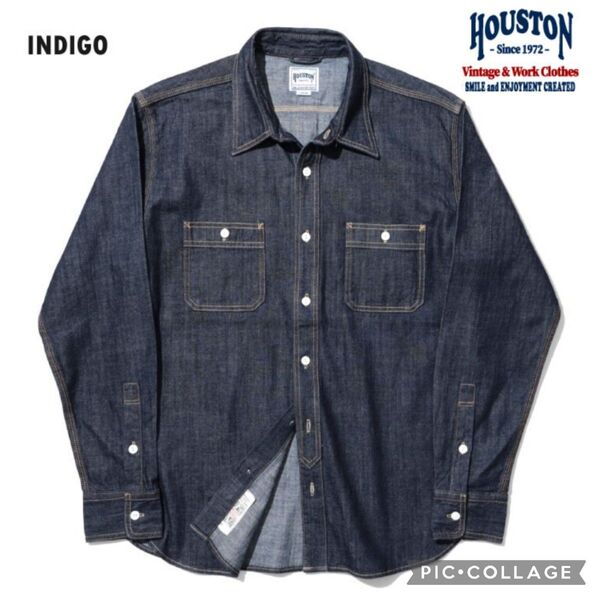 ■新品未使用【HOUSTON/ヒューストン】40511 USAコットンデニムワークシャツ、Мサイズ、INDIGO、インディゴ