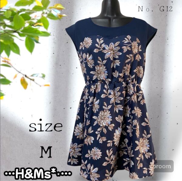 【美品】 ワンピース ミニスカート ノースリーブ ウエストゴム 花柄 ネイビー 裏地あり 上品 ガーリー 【M】