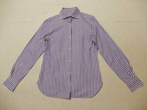 「送料無料」鎌倉：メーカーズシャツ:Makar's Shirt:日本製♪コットン100％衿が2枚仕立て：お洒落な：紫ストライプ：長袖シャツ＊サイズ７