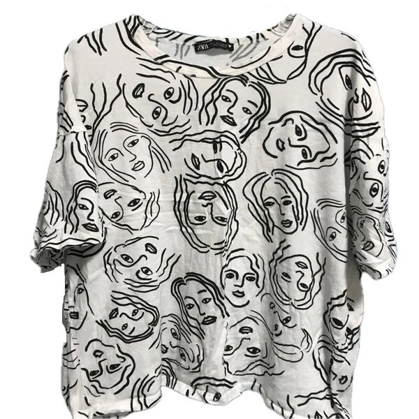 ⑧ZARA フェイスTシャツ 総柄 古着 おしゃれ 落書き イラスト ゆるかわ 個性的 奇抜