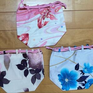巾着 3個セット ピンク 紫 青 和装小物 アメニティポーチ