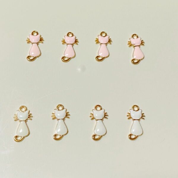 猫チャーム8個セット ピンク ホワイト ハンドメイド アクセサリー パーツ