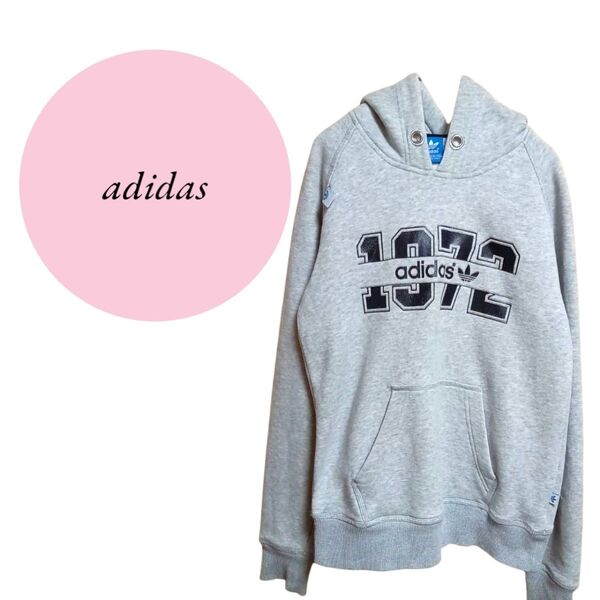 ☆ゴールデウィーク値下げ☆【アディダス】adidas フード付 パーカー グレー 1972ロゴプリント 前ポケット L