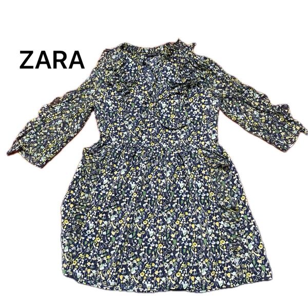 ZARA 小花柄ワンピース 七分袖 ネイビー チュニック