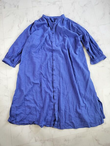 GU ジーユー バンドカラー シャツワンピース 青〜紫系 七分袖くらい リネン混 麻混 L
