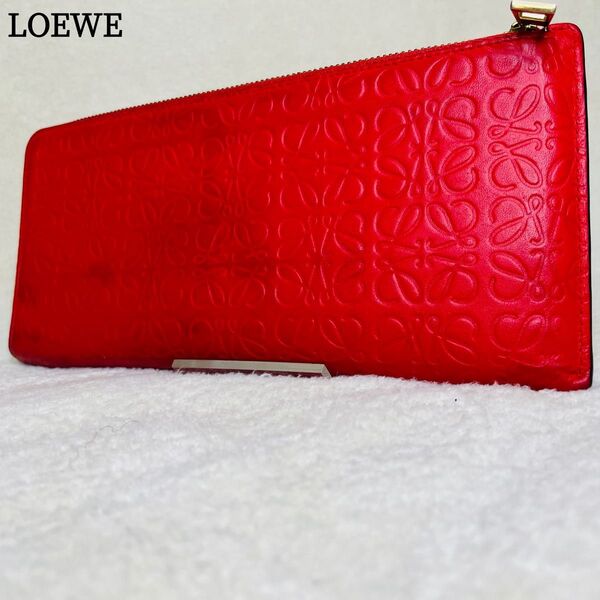 LOEWE ロエベ 長財布 L字ファスナー リピートアナグラム レザー レッド 赤 総柄