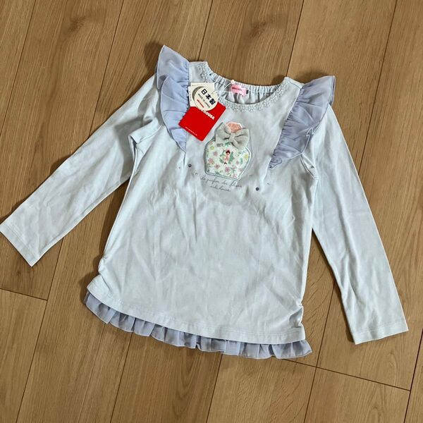 【新品タグ付】MIKI HOUSE リーナパフュームシフォンフリル付長袖Tシャツ 香水 ロンT スワロフスキー