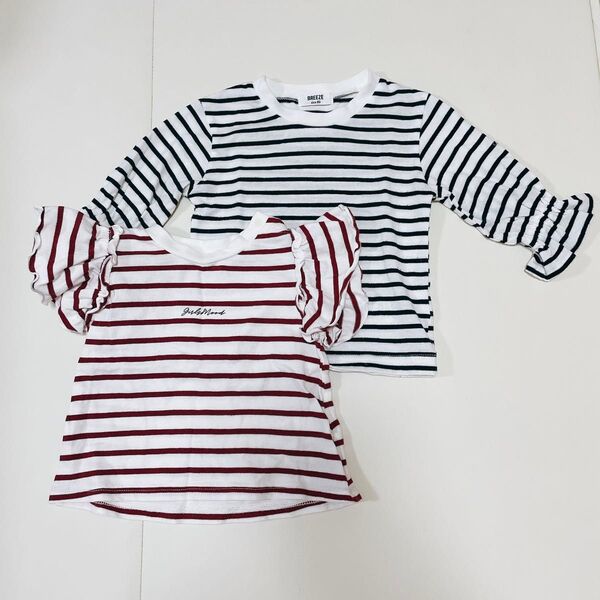 【BREEZE】ボーダーTシャツ ロンT セット トップス 半袖 長袖 フリル袖 ブリーズ 70 80 保育園着 女の子