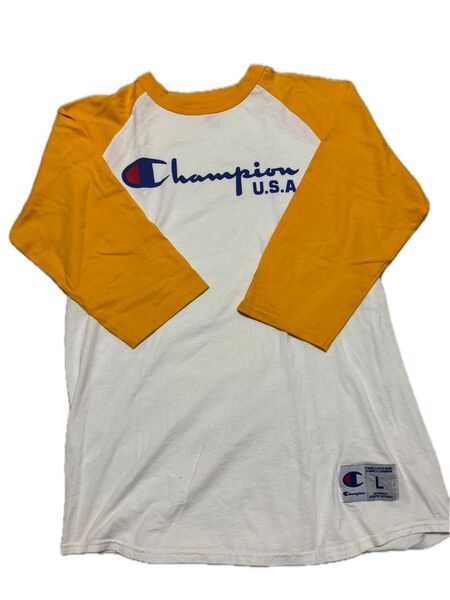 Champion ラグランTシャツ /ホワイト×イエロー USA 古着