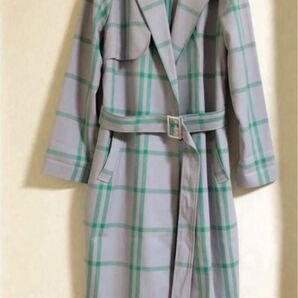 11月14日まで値下 ロングコート グリーン グレー グレンチェック トレンチコート 個性的 春秋 スプリングコート チェック柄