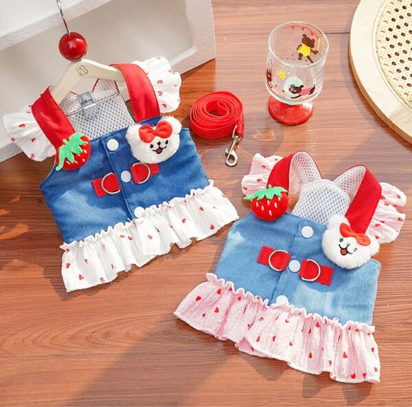 【新品】ペット服 ハーネス&リードお散歩セット 可愛いデニムワンピース 愛犬に優しいハーネスドレス お出掛け 通気性◎ ★Pink