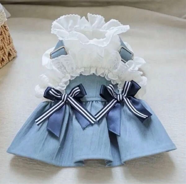 【新品】ペット服 シックなデニムドレス プリンセススタイル ペットスカート 簡単スナップクロージャー フリルが可愛い