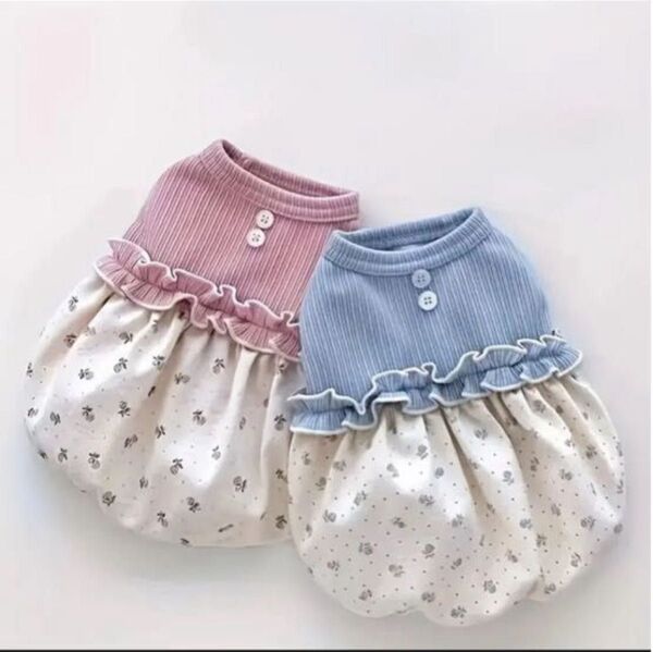 【新品】ペット服 バルーンワンピース 愛らしい小花柄ドレス (ブルー)