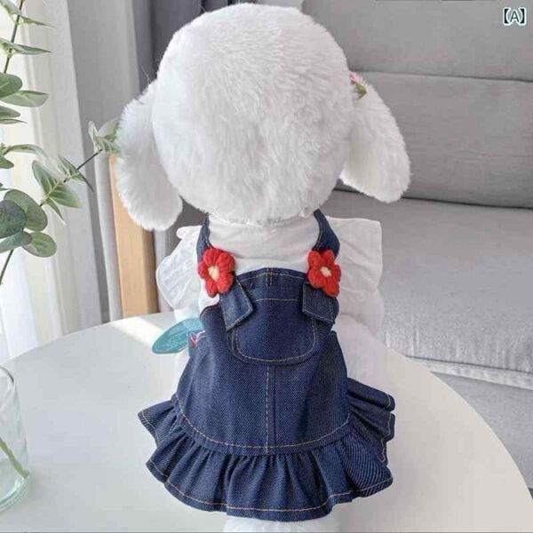 【新品】ペット服 デニムワンピース オールシーズン 編み込みお花の可愛いデニムスカート