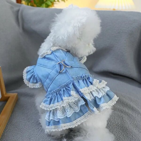 【新品】ペット服 レースデニムワンピース かわいい スタイリッシュ デニムドレス ホワイトと生成りのレース使いが可愛い♪