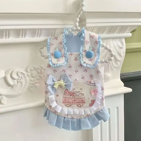 【新品】ペット服 ノースリーブドレス 春夏 通気性◎ フリル裾 小花柄ブルートリム 着せやすいスリップオン
