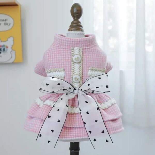 【新品】ペット服 ●セール●プリンセスペットドレス ピンクのチェック柄 ニット生地のペットドレス エレガントなリボン 暖かい