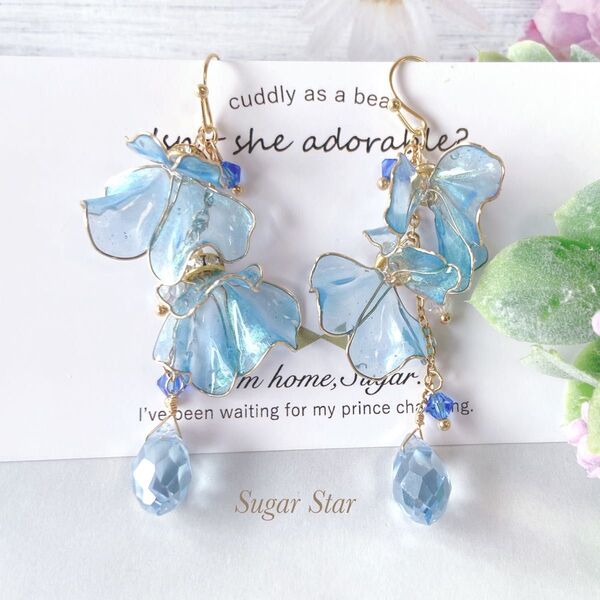 a スイートピーの涼しげピアス イヤリング ディップアート ハンドメイド