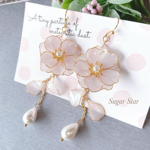 八重桜のピアス イヤリング ディップアート ハンドメイド 桜 パール