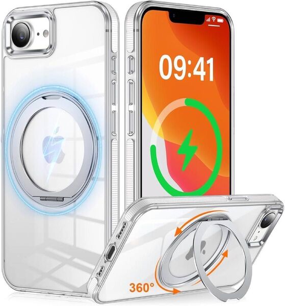 iPhone 16e 用 ケース 多機能360度回転スタンド 縦横両用 マグネット搭載 MagSafe対応 米軍規格 耐衝撃