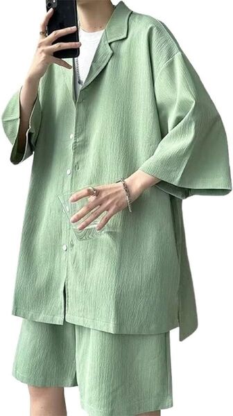 シャツ メンズ メンズ 夏服 半袖 上下セット 半袖 ハーフパンツ 2点セット 無地 麻 通気性 薄手 セットアップ XL