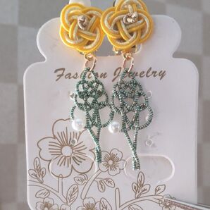 ハンドメイドクリップ イヤリング 菜の花 キラキラ水引リーフ 縁起物 簡単 挟むだけ
