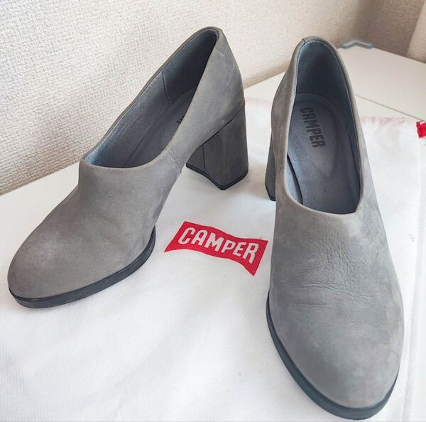 CAMPER カンペール パンプス 37 太ヒール スエード グレー 23.5