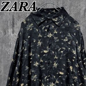 【美品】ZARA ザラ 長袖シャツ レーヨン 花柄 フラワー 総柄 光沢