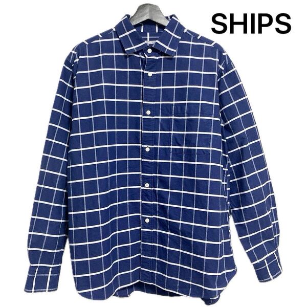 【美品】SHIPS メンズ 格子柄チェックシャツ Lサイズ ネイビー 日本製 長袖