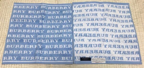 BB バーバリー ★ロゴ ウォッシュタオル 2枚セット ★Burberry ロゴ ブルー×ホワイト ゲストタオル A