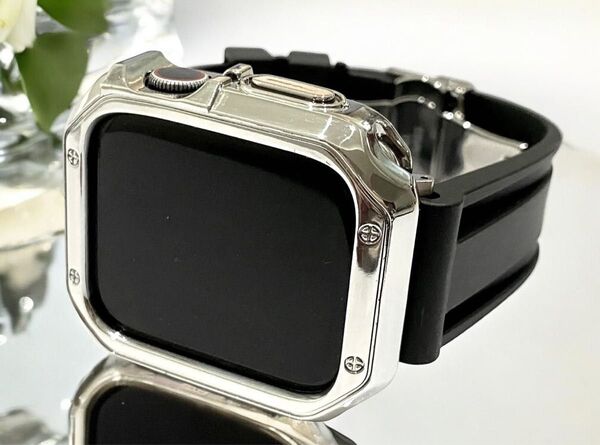 Apple Watch46ラバーバンドベルト アップルウォッチカバーケース ブラックシルバー