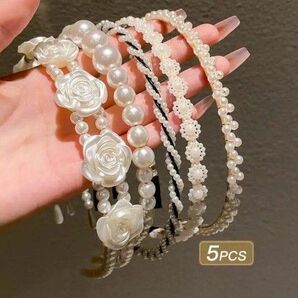 ヘアアクセサリー 5点セット パール フラワー まとめ売り ブラック&ホワイトパールヘッドバンド オールシーズン