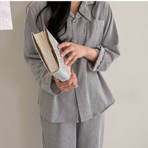 juuneedu パジャマ スリーピーストライプ長袖パジャマセット 韓国 現地購入品 グレー XL