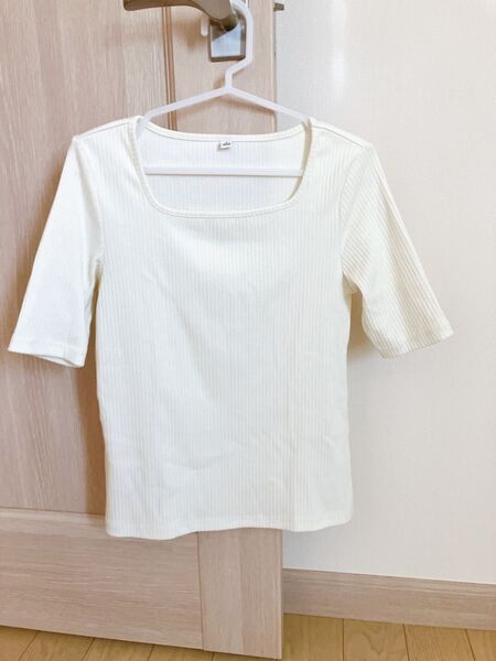UNIQLO トップス カットソー リブ スクエアネック 白 5分袖 半袖 S レディース