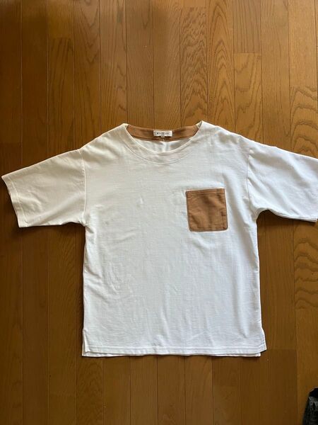 Tシャツ カットソー 半袖 ホワイト ブラウン ポケット