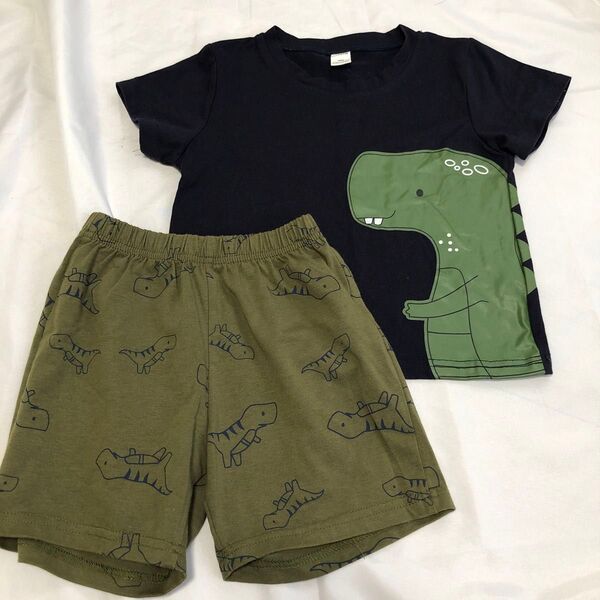 セットアップ 上下 セット まとめ 個性的 恐竜 半袖 tシャツ ハーフパンツ ネイビー 紺 春 夏 秋 部屋着 ルームウェア 緑